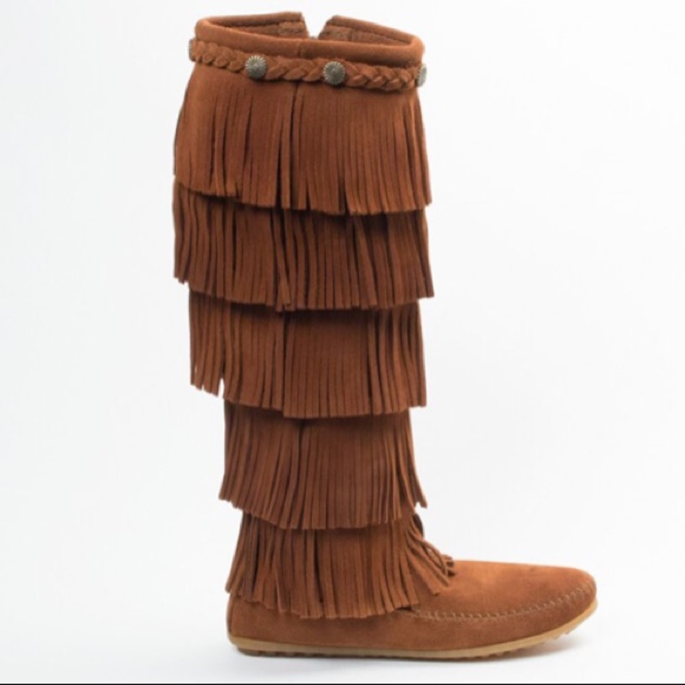 Minnetonka Tall Brown Leather Fringe Boots